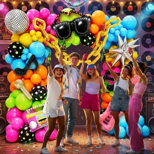 Vista 3 de Decoraciones de fiesta temática de discoteca de los años 90 y 80, kit de arco de globos de 151 piezas con bola de discoteca, gafas retro, nota