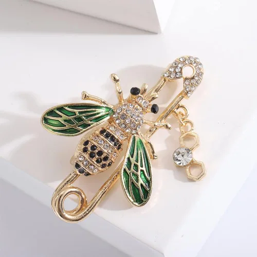 Vista 3 de Broches de seguridad con diamantes de imitación de abeja, delicados y bonitos broches de cristal esmaltados verdes para mujeres, adolescentes