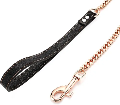 Vista 2 de Correa de perro con cadena de oro rosa resistente de 3 pies/4 pies/5 pies, acero inoxidable para entrenamiento, caminar, fácil gancho, mango
