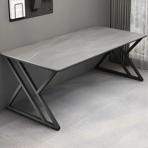 Vista 6 de LITFAD Modern Sintered Stone Office Desk, Rectangular Writing Work Table with X-Shaped Metal Frame, Scratch Resistant Computer Desk for Home Office
