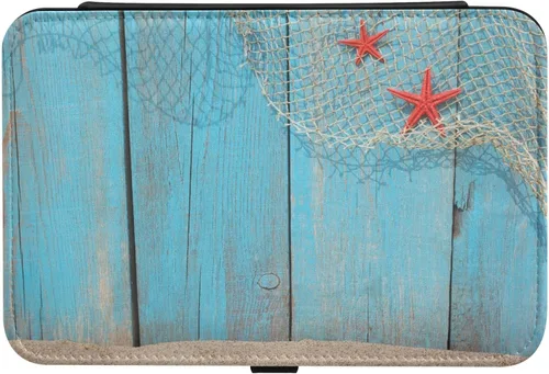 Vista 2 de Red de pesca con diseño de estrellas de mar rojas, caja de joyería de viaje de madera azul vieja para mujeres y niñas, organizador de joyas pequeño