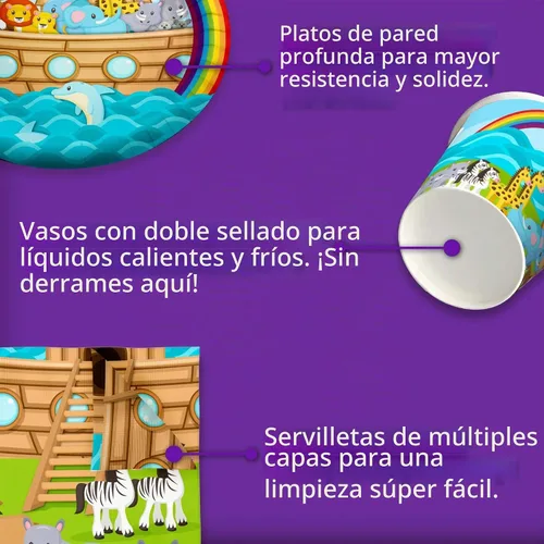 Vista 5 de Noah's Ark - Juego de suministros para fiesta de cumpleaños, platos, servilletas, vasos, vajilla para 16