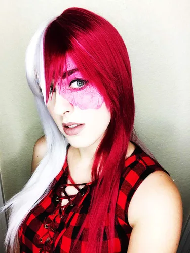 Vista 2 de Baruisi Peluca larga y recta de anime para mujer, peluca de cabello sintético de Halloween rojo y blanco