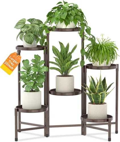 Vista 22 de LASZOLA Soporte plegable para plantas de interior de 7 niveles para múltiples macetas grandes, estante ajustable alto y resistente con bandeja de 10