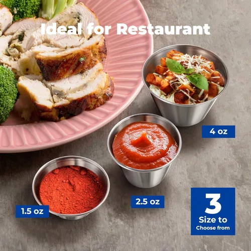 Vista 4 de Fit Meal Prep [Paquete de 12] Tazas de salsa de inmersión de acero inoxidable de 1.5 onzas, moldes de metal reutilizables, cuencos de condimentos