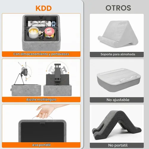 Vista 5 de KDD Soporte de almohada para tableta, soporte ajustable para iPad para cama, regazo y escritorio con dos portavasos y bandeja de almacenamiento