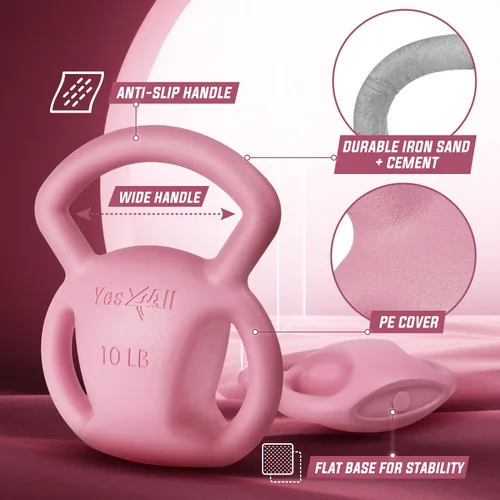 Vista 5 de Yes4All Kettlebell, Strength Training Kettlebells for Women, Wide Multi-grip Textured Handle for Home Gym Exercises & Full Body Workout, Single 5–25
