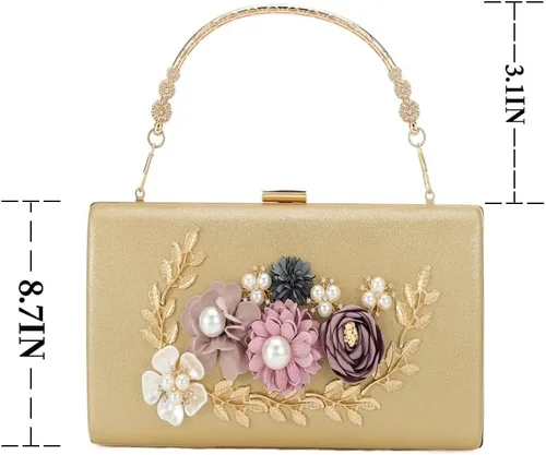 Vista 5 de Bolso de mano floral para mujer, bolso de noche con flores, para novia, boda, baile de graduación, bolsos de hombro para mujer, Oro