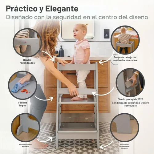 Vista 4 de Taburete de madera ajustable de 3 niveles para niños pequeños, color gris