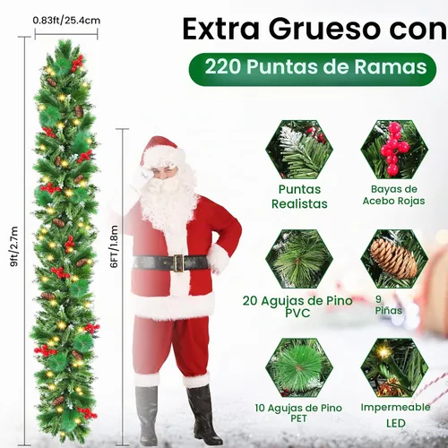 Vista 2 de Guirnalda de Navidad con luces, 50 luces LED, guirnalda preiluminada de 9 pies, funciona con pilas, decoración de Navidad para interiores