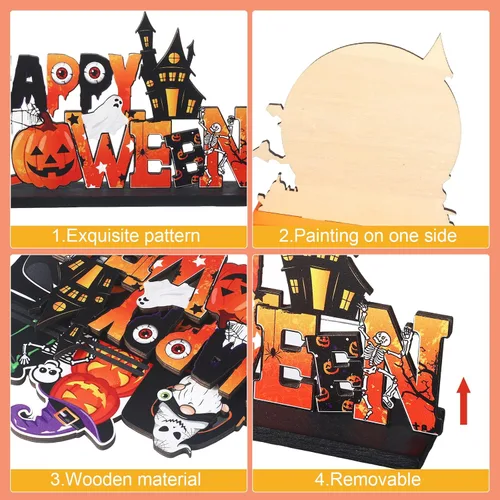 Vista 3 de Soaoo 6 piezas de centros de mesa de madera de Halloween, decoración de centro de mesa de madera de Halloween, letreros de calabaza, gnomo, sombrero