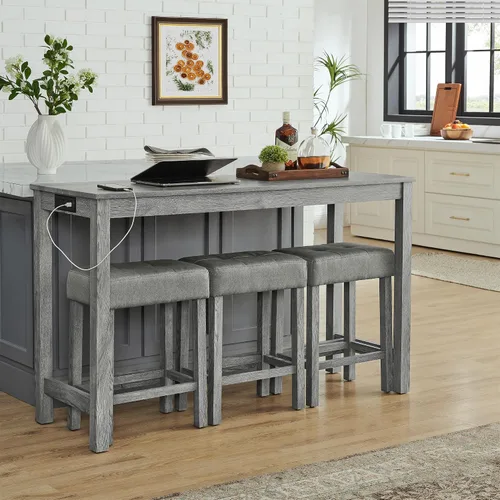 Vista 10 de Knocbel Juego de mesa de bar rectangular de altura de mostrador industrial para 3 personas con toma de corriente, juego de comedor de 4 piezas