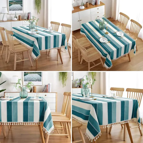 Vista 4 de AmHoo Mantel rectangular con borlas a rayas para mesa de cocina y comedor, 55 x 55 pulgadas, color verde azulado