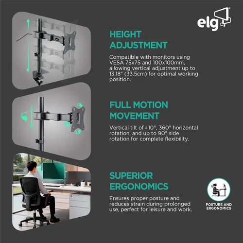 Vista 4 de ELG Soporte de escritorio con brazo para monitor, altura ajustable, pantallas de 17-34 pulgadas de hasta 15.6 libras, rotación de 360°, acero