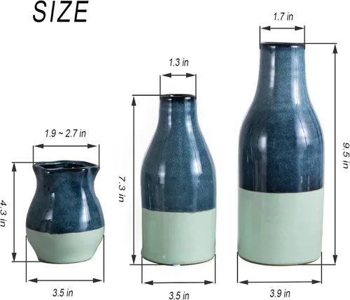 Vista 6 de Juego de 3 jarrones de cerámica azul y verde para decoración del hogar, jarrones de arcilla decorativos de dos tonos para flores secas, hierba