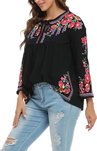 Vista 4 de YZXDORWJ Camisa bordada mexicana para mujer