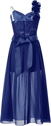Vista 3 de Vestido de mameluco para niña de flores, vestido de dama de honor de princesa con vuelo de un hombro