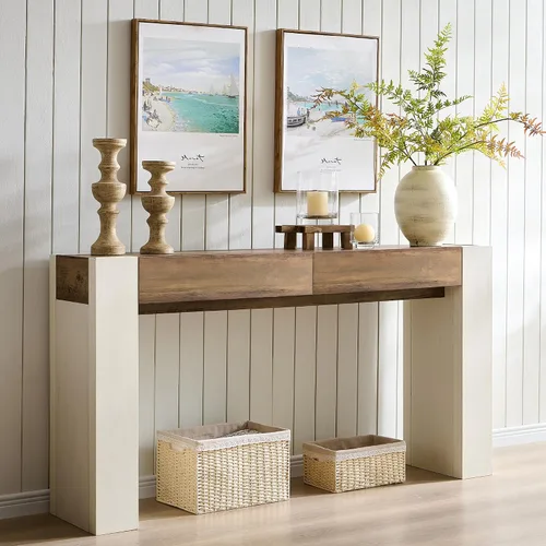 Vista 10 de OKD Moderna mesa consola de entrada, mesa de sofá con cajones, mesa de pasillo de 63 pulgadas de largo detrás del sofá, diseño de madera gruesa