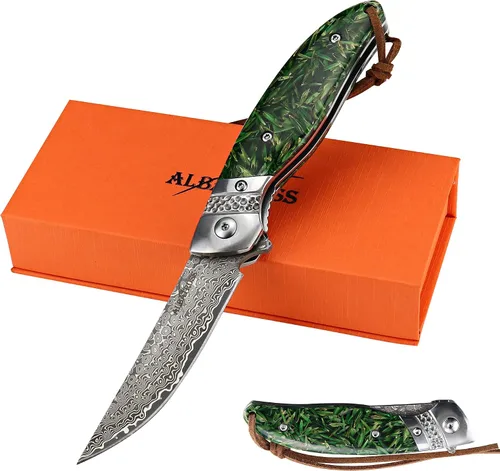 Vista 10 de Albatross Cuchillo de Bolsillo Premium de Damasco - Cuchillo Plegable EDC con Mango de Concha de Abalone, Apertura con Rodamientos de Bola, Sistema