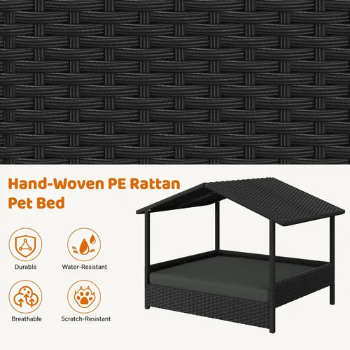 Vista 8 de Yaheetech - Casa de mimbre para perros con toldo, color negro y gris Cama elevada para perros con cojín para perros pequeños/medianos, sombra