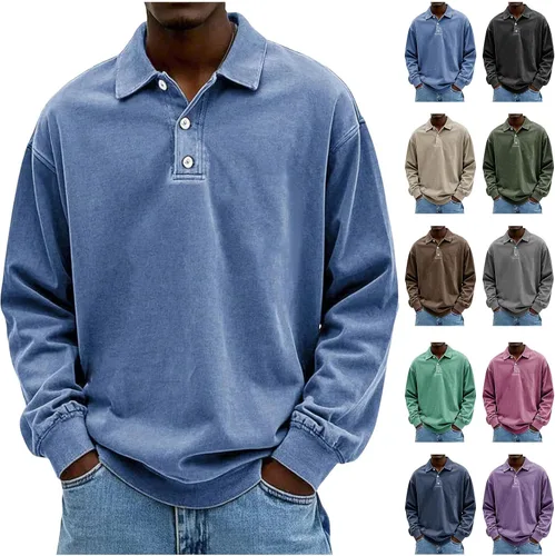 Vista 4 de Camisa Polo de Manga Larga para Hombre Camisa con Botón Desgastado Básica Color Sólido Camisa Polo Clásica Holgada Casual Camisas con Cuello Camiseta