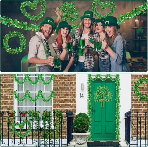 Vista 6 de Guirnalda decorativa de 33 pies para el día de San Patricio, guirnalda de oropel con sombrero de trébol verde dorado, guirnalda metálica brillante