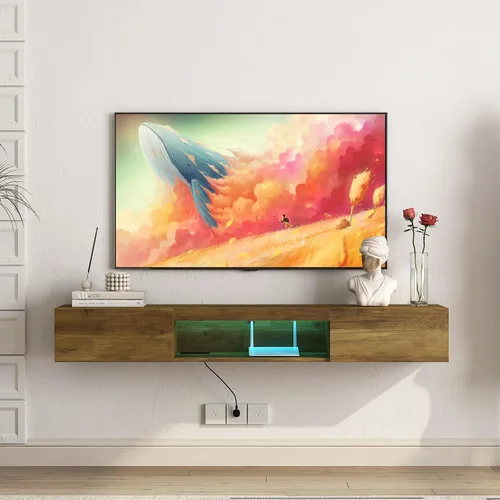 Vista 26 de Soporte flotante para TV montado en la pared con 20 LED de color, soporte de TV moderno de 63 pulgadas, gabinete de TV flotante centro