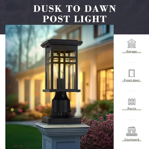 Vista 4 de zeyu Iluminación moderna para exteriores de anochecer a amanecer, luminaria de poste pequeña de 12.2 pulgadas con sensor de fotocélula, lámpara