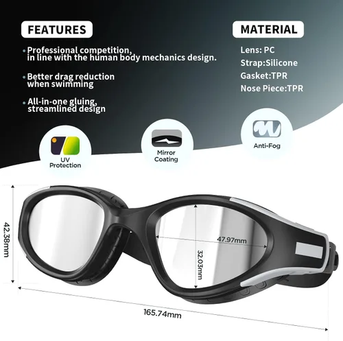Vista 6 de Gafas de natación, gafas de natación para adultos, hombres y mujeres, antiniebla, sin fugas, gafas de piscina