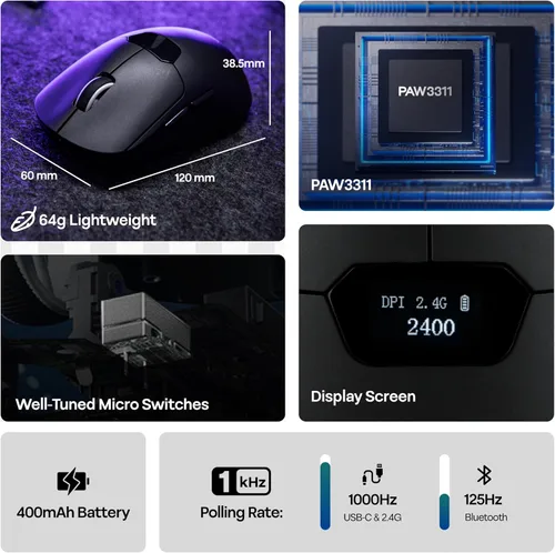 Vista 3 de MechLands Aula SC390 - Mouse ligero para juegos con pantalla de visualización, mouse inalámbrico de 2.4G/USB-C/BT con batería de 400 mAh, ajustable
