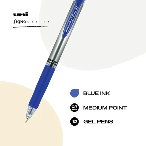 Vista 2 de Uniball Signo - Bolígrafo de gel retráctil, mediano de 0.028 in, tinta azul, barril con detalles azul/metálico, docena (paquete de 12)