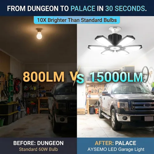 Vista 2 de Bombilla LED para garaje AYSEMO de 15000 lm - Luces LED de techo ajustables en 360° con 6+1 paneles deformables, 6500 K de luz diurna, base