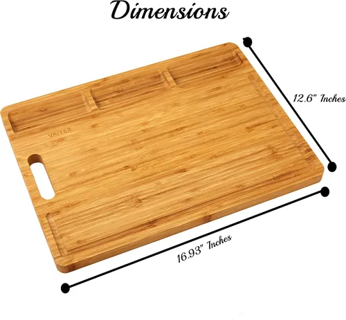 Vista 2 de Vaiyer Tabla de cortar de madera de bambú para cocina, con 3 compartimentos integrados y ranuras para jugos, bloque de carnicero, tabla de cortar