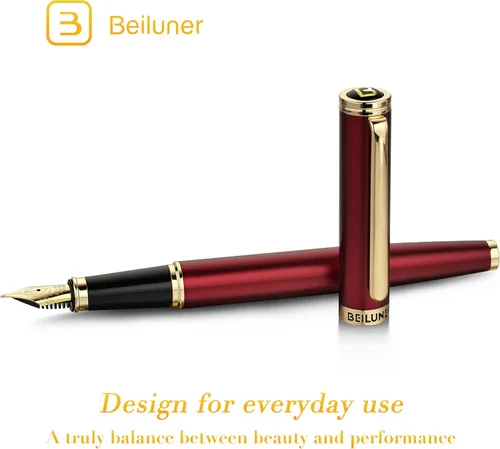 Vista 2 de BEILUNER - Pluma estilográfica color borgoña, detalles de oro de 24 rojo y dorado