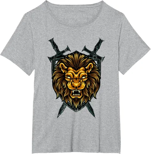 Vista 92 de Camiseta con diseño de caballero medieval renacentista, con diseño de espada de león, Negro, S