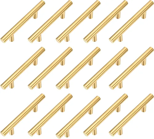 Vista 8 de Paquete de 15 tiradores de acero inoxidable dorado cepillado con barra en T para muebles, cocina, armario, cajón, manija de puerta, pomos