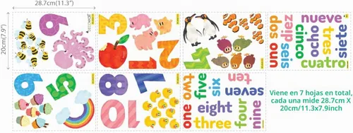 Vista 8 de DECOWALL Calcomanías de pared con números en español inglés del 1 al 10 para niños (DS-2020ES) Decoración extraíble bilingüe con coloridos
