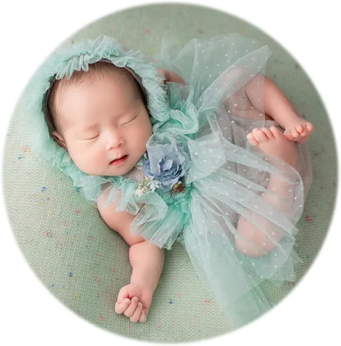 Vista 9 de Zeroest Conjunto de Accesorios para Fotografía de Recién Nacidos, Juego de Vestido de Encaje para Niña, Traje para Sesión de Fotos de Bebé Niña