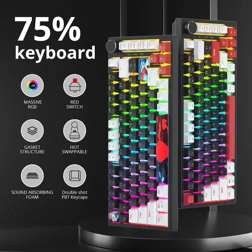 Vista 2 de Junta de teclado 75 % montada con almohadillas absorbentes de sonido, teclado mecánico RGB compacto de 82 teclas con cable para juegos, enchufe