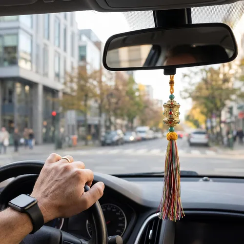 Vista 4 de Elegante colgante de aleación budista de oración Feng Shui para coche, adorno colgante para espejo retrovisor para buena suerte, riqueza