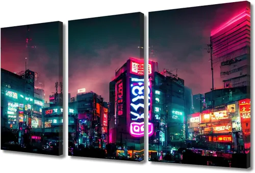 Vista 80 de Arte de pared de 3 piezas de escena de ciencia ficción de la calle comercial futurista paisaje urbano, decoración de pared para dormitorio