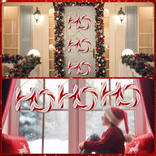 Vista 6 de Ho Ho Ho - 3 adornos para árbol de Navidad de 13.8 pulgadas con costuras de caramelo de menta roja y verde, adorno colgante de Navidad, corona