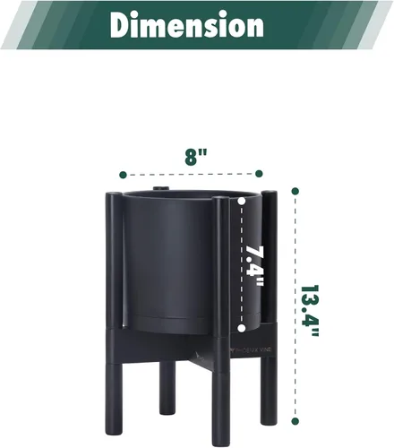 Vista 3 de Maceta de D'vine Dev con soporte - Maceta de flores de cilindro de plástico de 8.0 pulgadas con soporte de madera para interiores, maceta mate negra