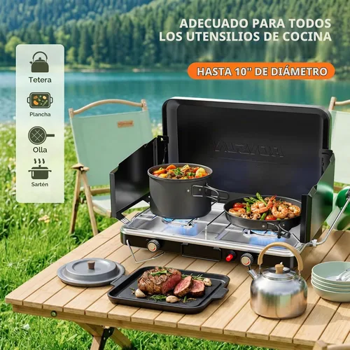 Vista 5 de ROVSUN Estufa de camping portátil de 2 quemadores con encendedor, estufa de campamento de propano de 20000 BTU con adaptador, mango integrado