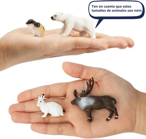 Vista 2 de Toymany Juego de 14 mini figuras de animales árticos, juguetes de animales polares con oso polar, caribú, pingüino, morsa, lobo, figuras
