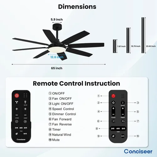 Vista 9 de Modernos ventiladores de techo de 65 pulgadas con luces y control remoto para sala de estar, hogar, oficina, interior/exterior, 3CCT LED 36W, 8