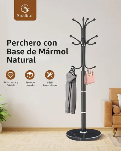 Vista 7 de Snaikor Perchero de metal independiente, soporte de perchero resistente con base de mármol natural, árbol de abrigos modernos en negro para colgar
