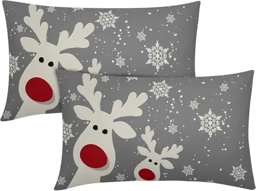 Vista 17 de Juego de 2 fundas de almohada lumbar de Navidad negras de 12 x 20 pulgadas, diseño rústico de copos de nieve de ciervos de Navidad, almohadas