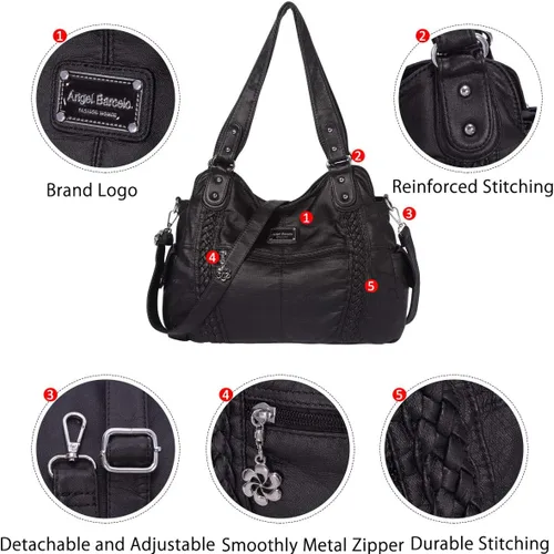 Vista 238 de Angel Barcelo - Bolsa de hombro amplia para mujer, diseño Hobo, cuero lavado