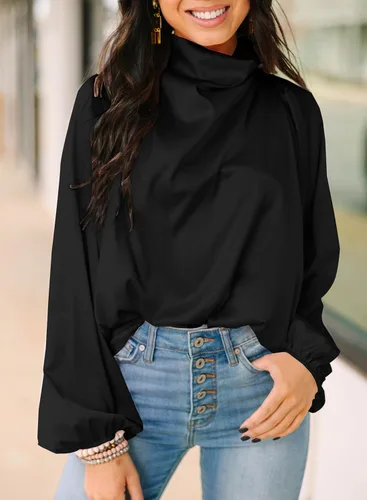 Vista 3 de LOLONG Blusas de seda de manga larga con cuello alto y cuello alto para mujer
